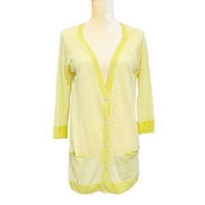 Joie Small Cardigan Sweater Celadon Green & White Linen Silk Striped V-Neck EUC